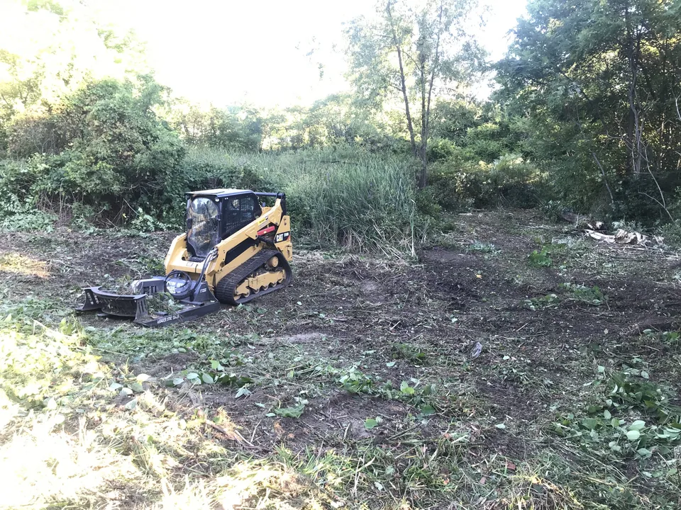 Brush hogging an overgrown lot with a rotary brush cutter on a compact track loader