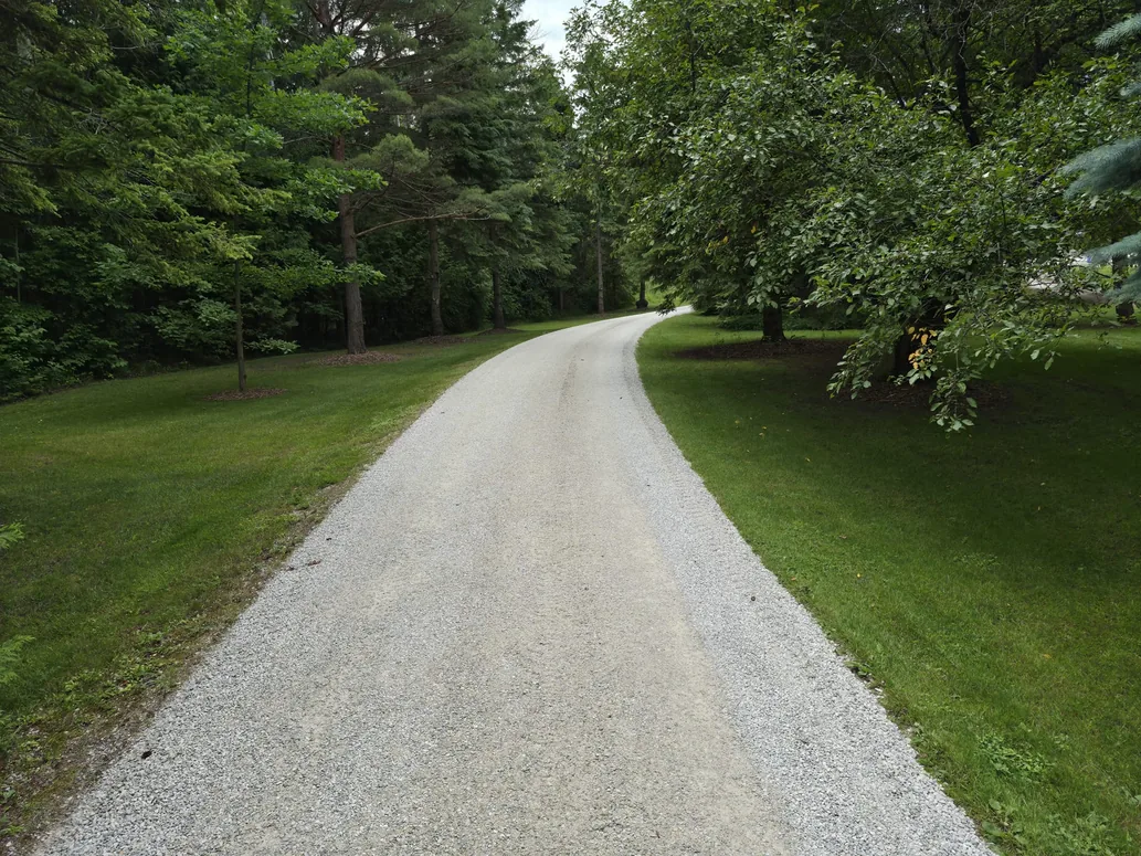Finished gravel driveway curving between mowed lawn and tall trees