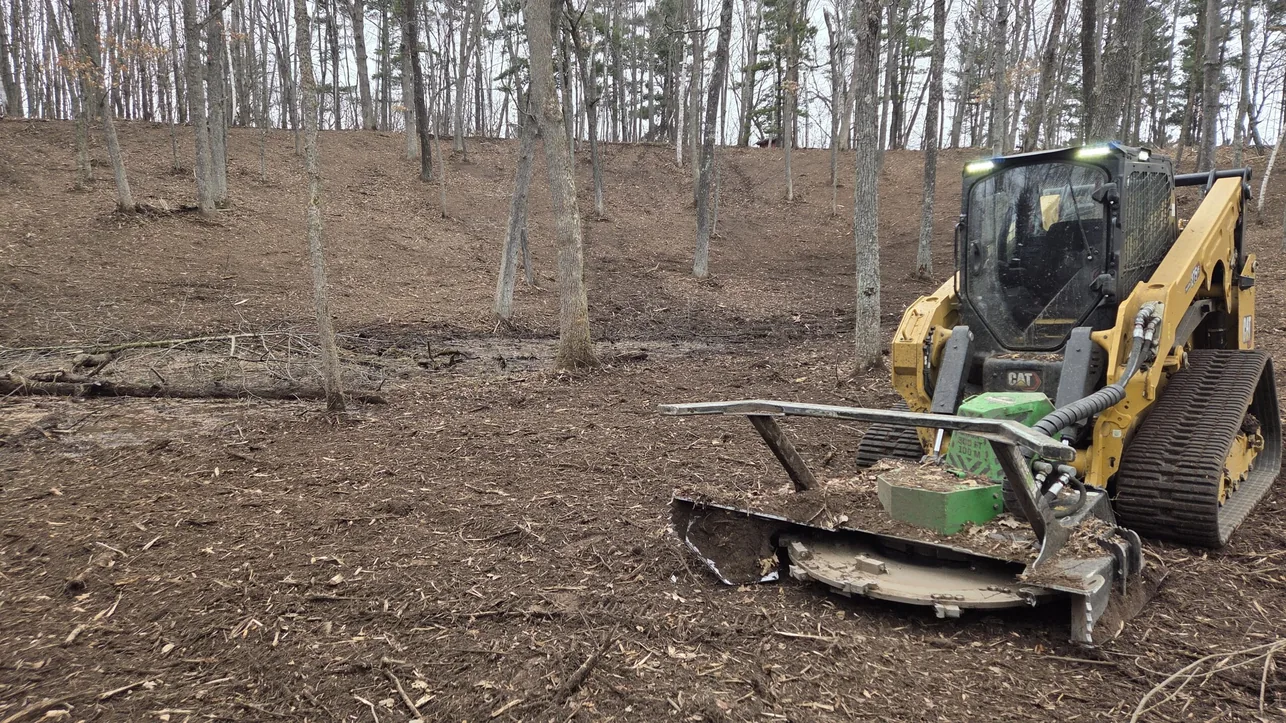 Land clearing with a compact track loader and forestry mulching head in the woods